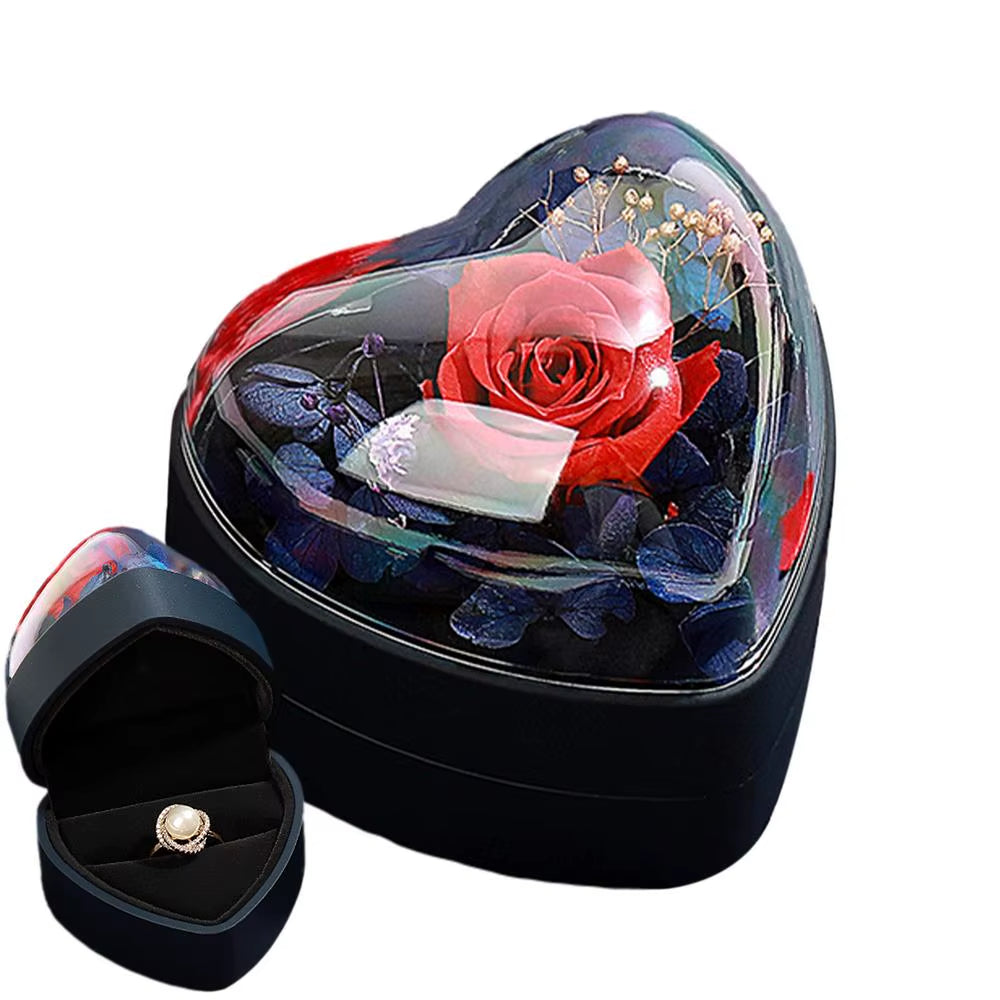 Preserved Rose Gift Box Heart-Shaped Decor Jewelry Box Romantic Preserved Flowers Rose Gift for Anniversary Christmas Day
