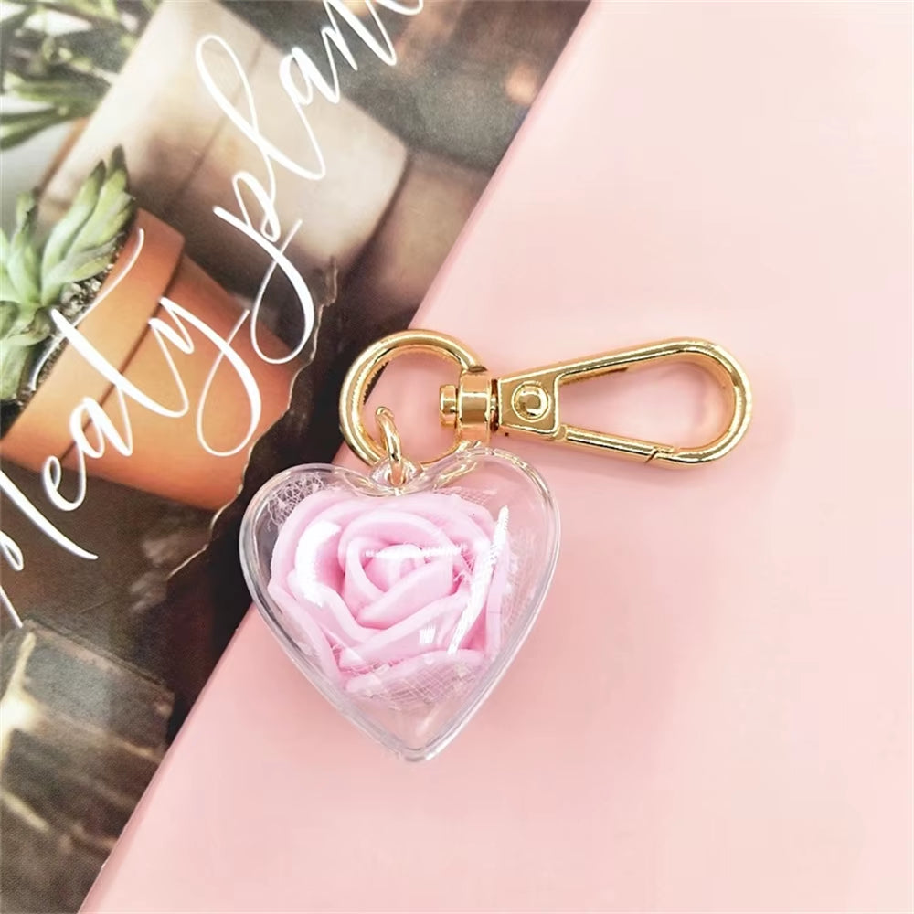 Cute Rose Keychain Love Heart Pendant Eternal Flower Keyring for Women Bag Ornaments Car Keys Accessories Couple Gifts