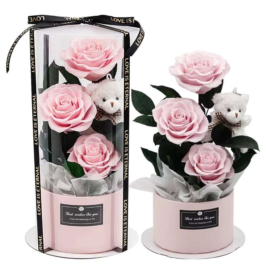 Little Bear True Flower Rose Protection Flower Valentine'S Day Gift Hug Bucket Gift Box Eternal Flower Rose round Bucket