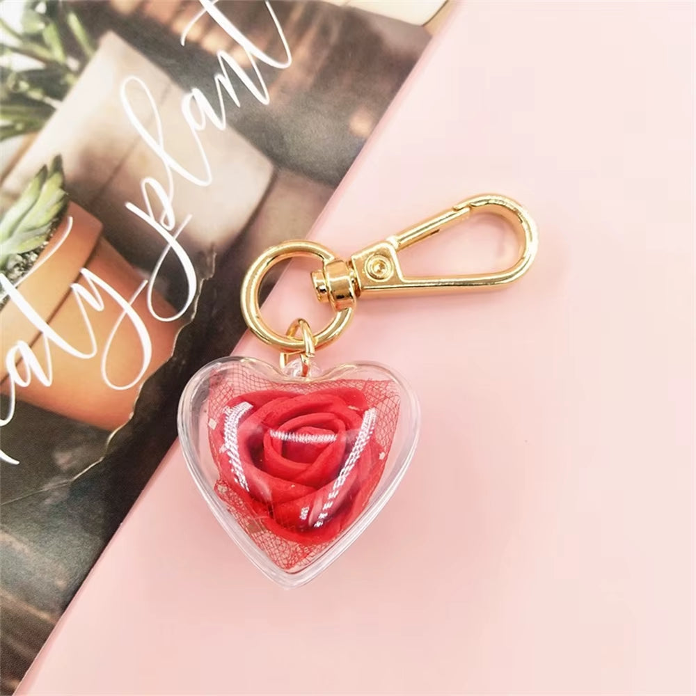 Cute Rose Keychain Love Heart Pendant Eternal Flower Keyring for Women Bag Ornaments Car Keys Accessories Couple Gifts