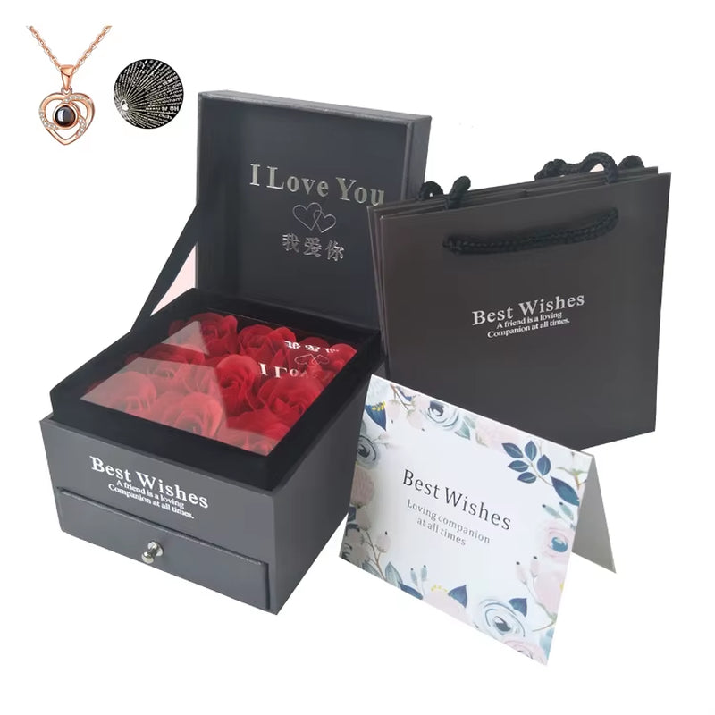 Preserved Real Rose with I Love You Necklace, 100 Languages Jewelry Gift Box, Handmade Eternal Flower for Wedding and Birthday