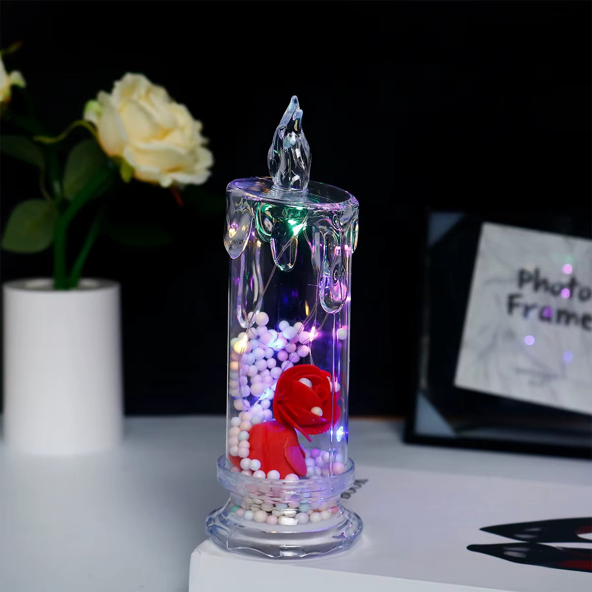 LED Electronic Candle Clear Rose Night Light Valentines Day Decor Best Gift for Girlfriend Home Decorative Atmosphere Ornament