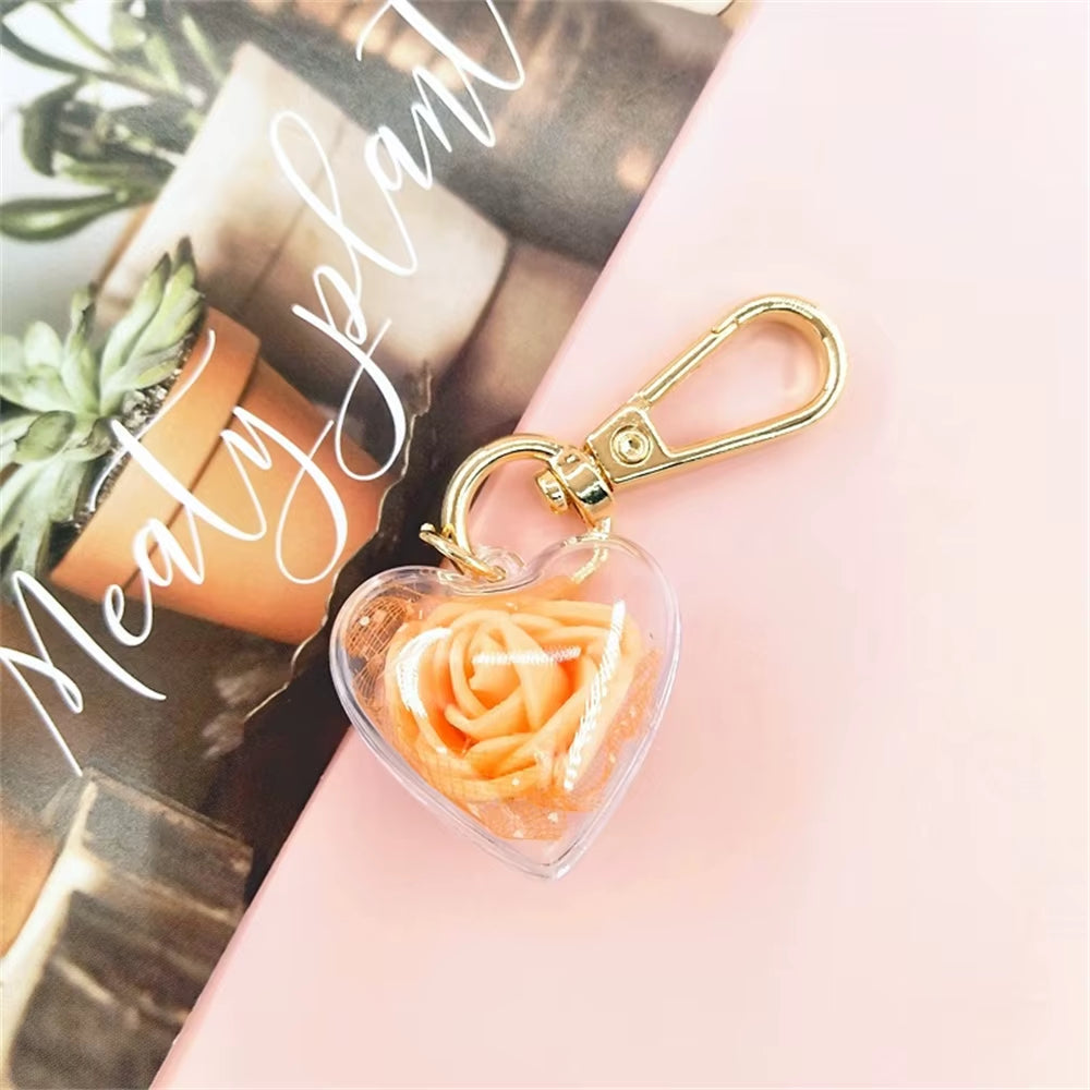 Cute Rose Keychain Love Heart Pendant Eternal Flower Keyring for Women Bag Ornaments Car Keys Accessories Couple Gifts