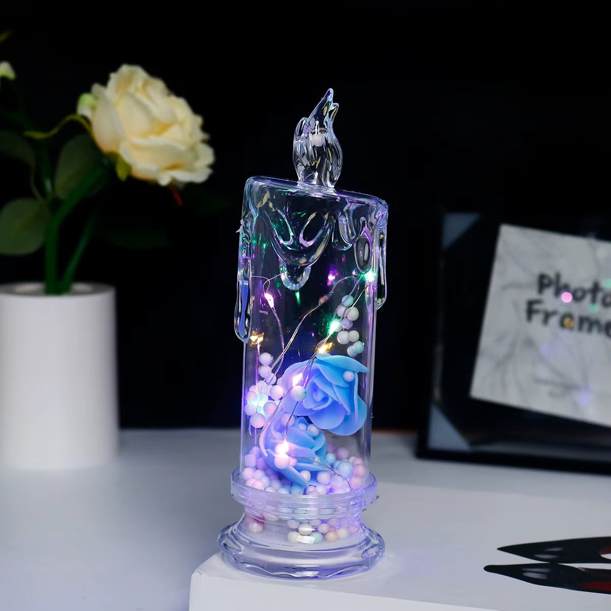 LED Electronic Candle Clear Rose Night Light Valentines Day Decor Best Gift for Girlfriend Home Decorative Atmosphere Ornament