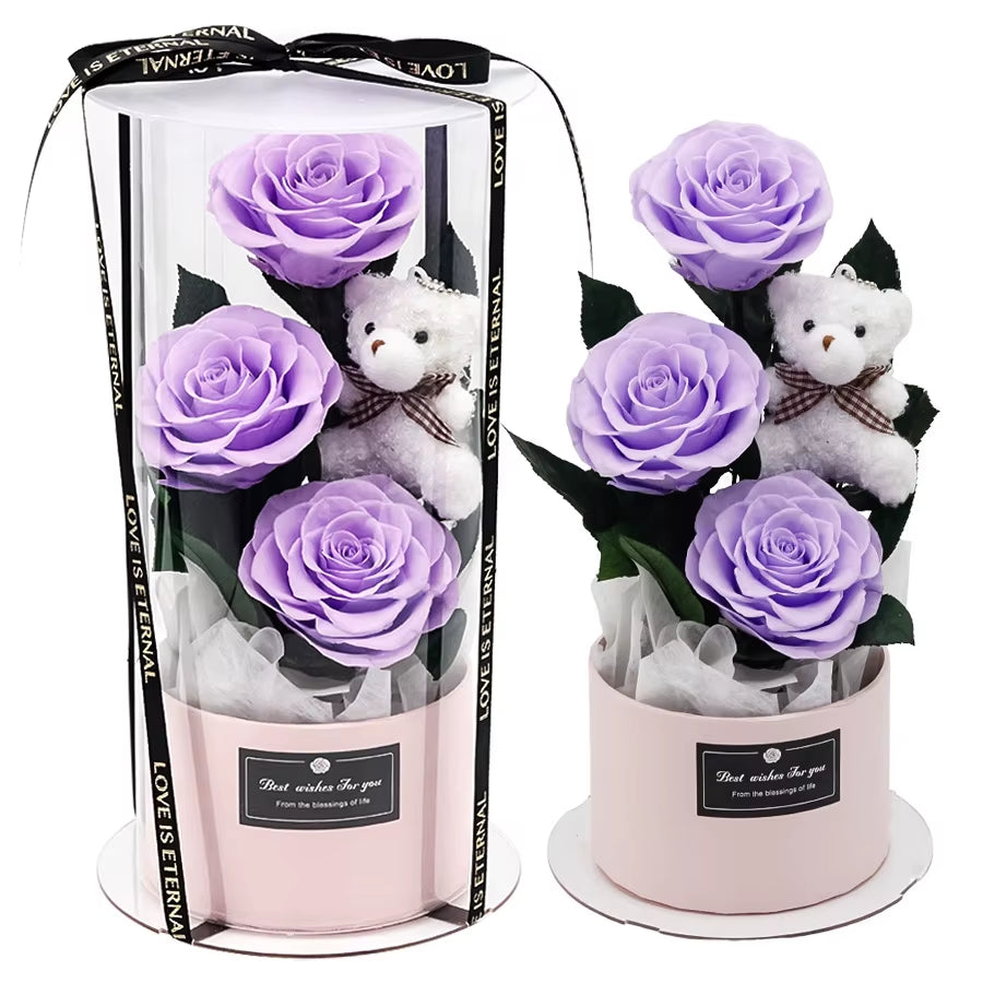 Little Bear True Flower Rose Protection Flower Valentine'S Day Gift Hug Bucket Gift Box Eternal Flower Rose round Bucket