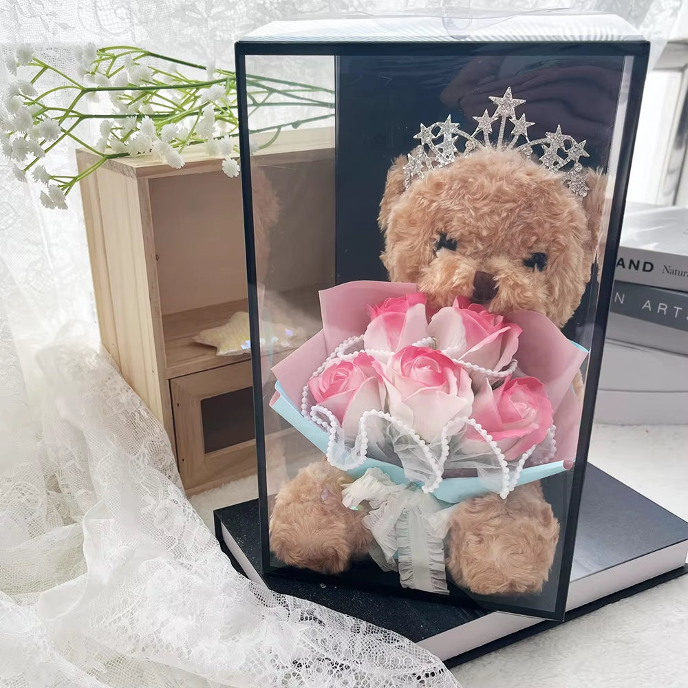 1PC Rose Flower Bouquet Plush Bear Gift Box Eternal Flower Bouquet Mother'S Day Gifts Wedding Birthday Party Decor Accessories