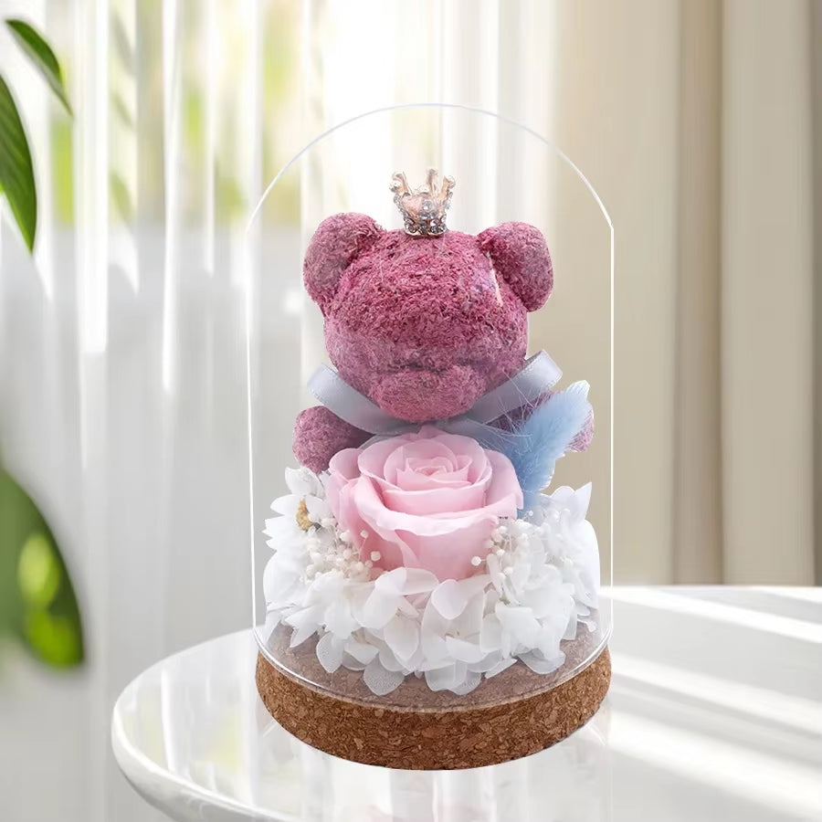 13X7.5Cm Moss Bear Eternal Rose Glass Cover Gift Fresh Preserved Roses Mother'S Day Valentine'S Day Creative Gift Home Decor