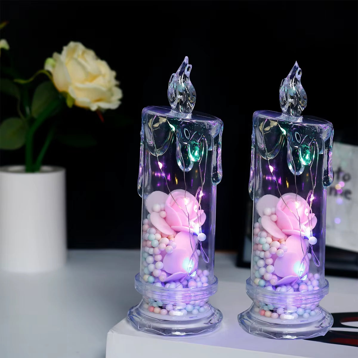 LED Electronic Candle Clear Rose Night Light Valentines Day Decor Best Gift for Girlfriend Home Decorative Atmosphere Ornament
