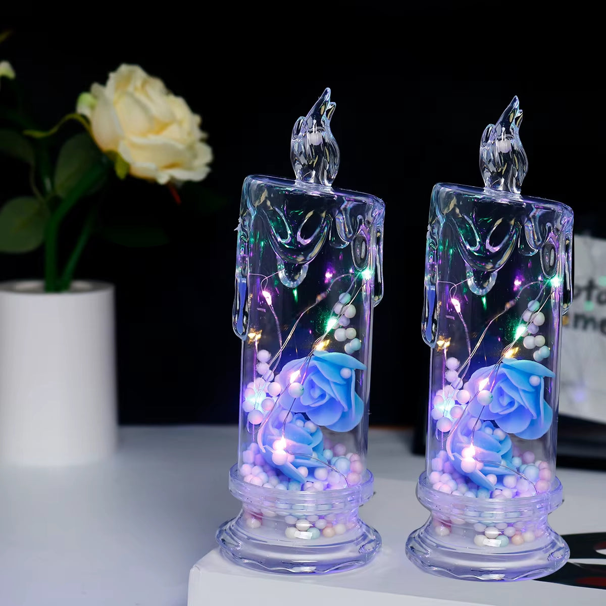 LED Electronic Candle Clear Rose Night Light Valentines Day Decor Best Gift for Girlfriend Home Decorative Atmosphere Ornament
