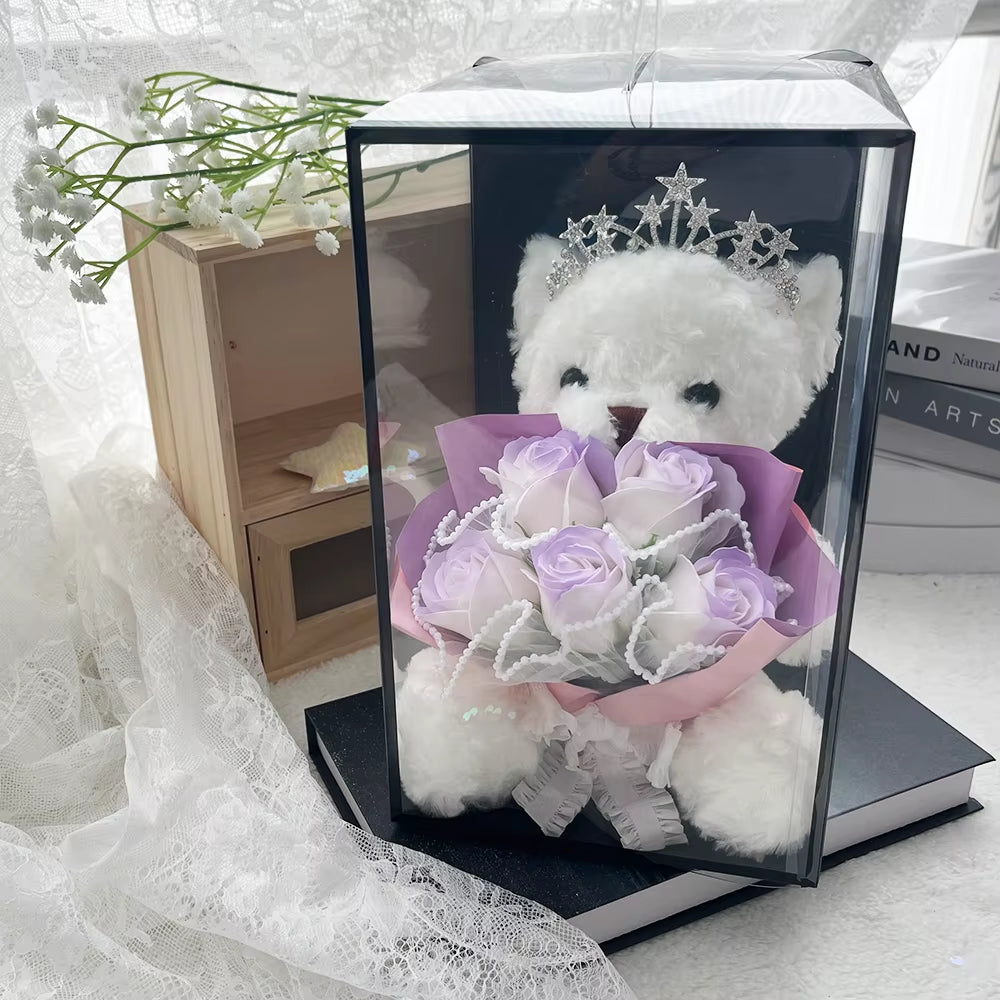 1PC Rose Flower Bouquet Plush Bear Gift Box Eternal Flower Bouquet Mother'S Day Gifts Wedding Birthday Party Decor Accessories