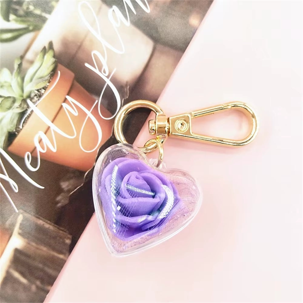 Cute Rose Keychain Love Heart Pendant Eternal Flower Keyring for Women Bag Ornaments Car Keys Accessories Couple Gifts