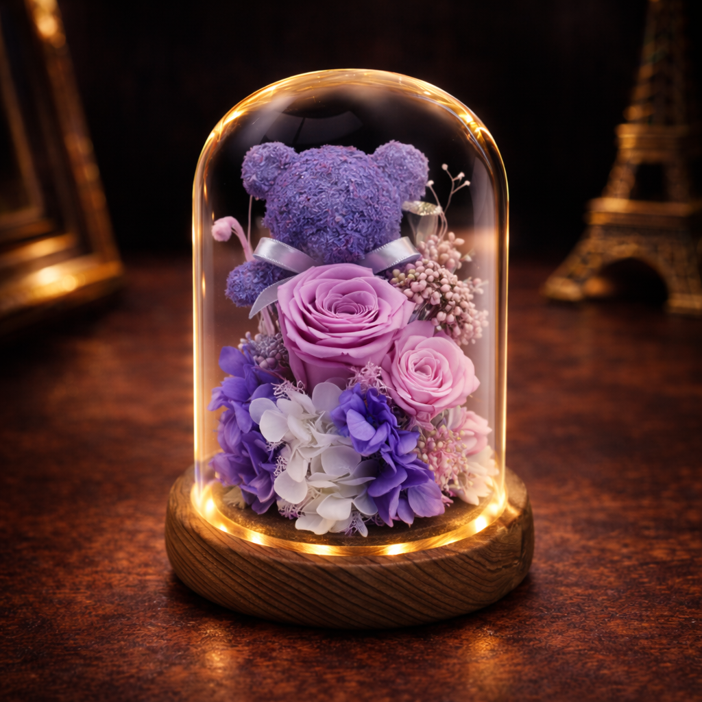 Romantisk Nalle i Glaskupa med LED & Rosor