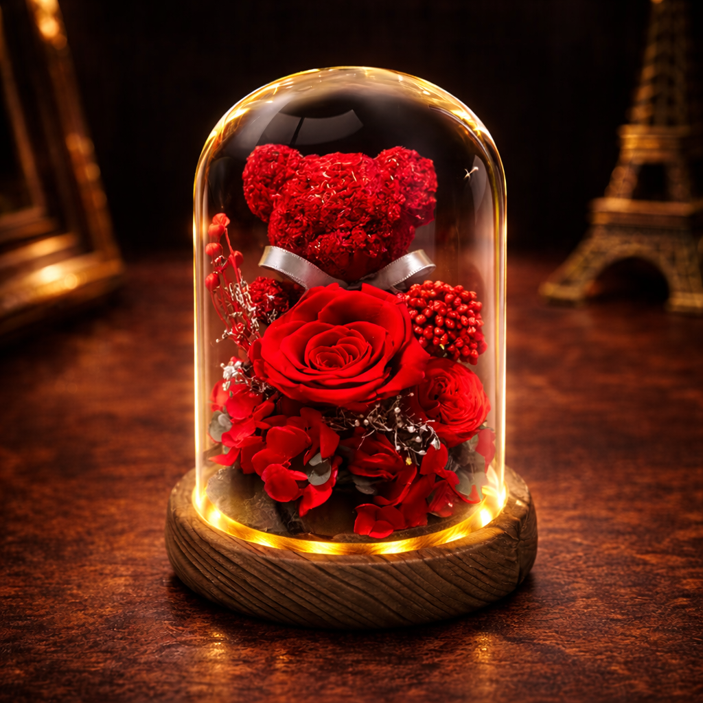 Romantisk Nalle i Glaskupa med LED & Rosor