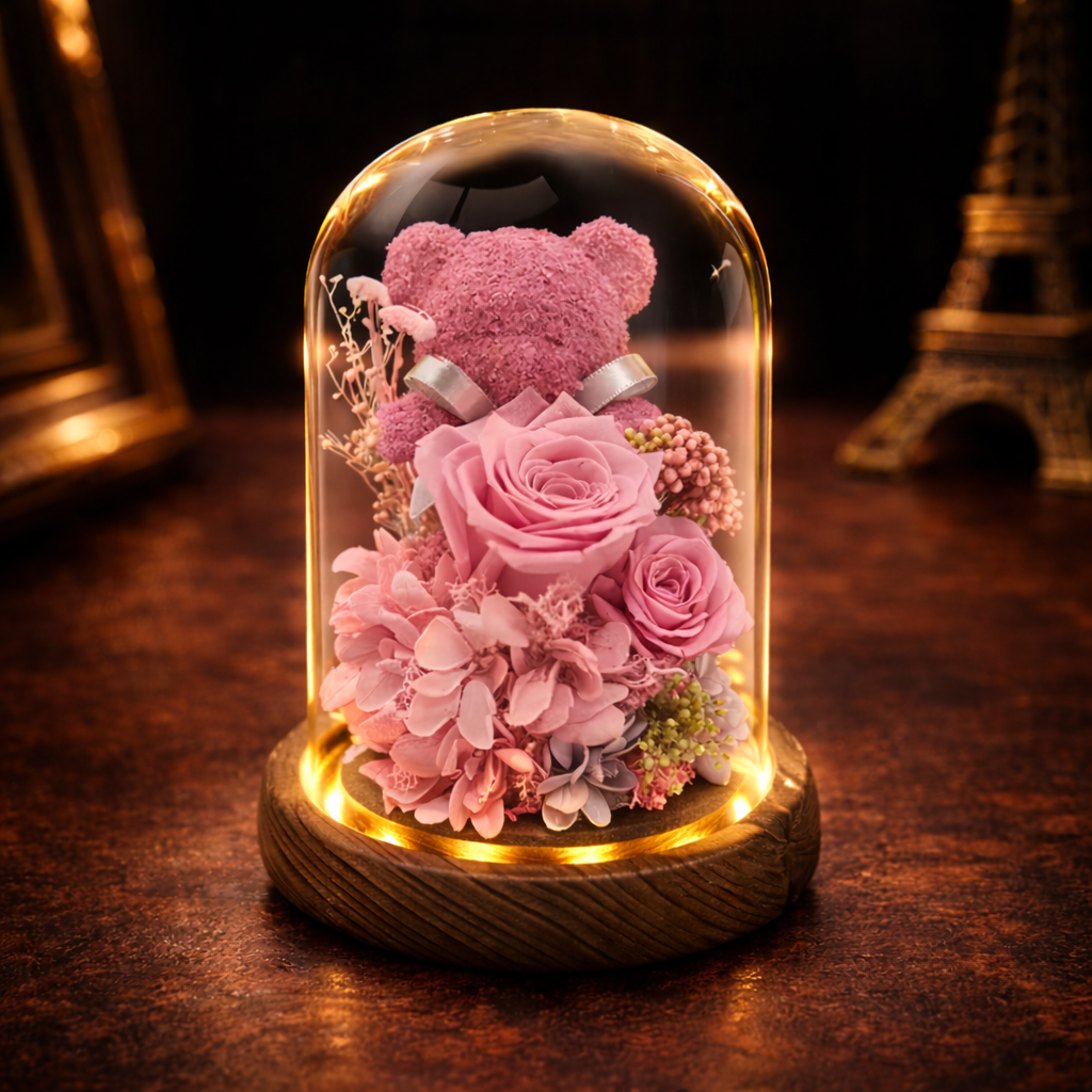 Romantisk Nalle i Glaskupa med LED & Rosor