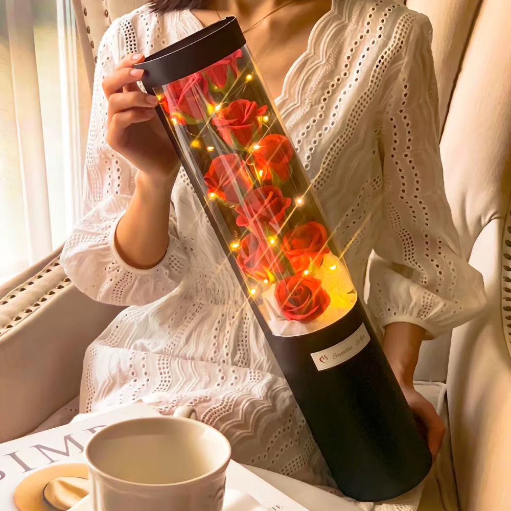 LED 9 Soap Bouquets Eternal Rose Flower Bouquet with Fairy String Lights in Dome for Valentine'S Day Birthday Artificial Flower