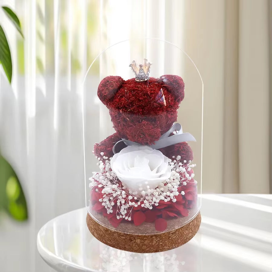 13X7.5Cm Moss Bear Eternal Rose Glass Cover Gift Fresh Preserved Roses Mother'S Day Valentine'S Day Creative Gift Home Decor