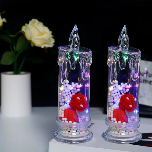 LED Electronic Candle Clear Rose Night Light Valentines Day Decor Best Gift for Girlfriend Home Decorative Atmosphere Ornament