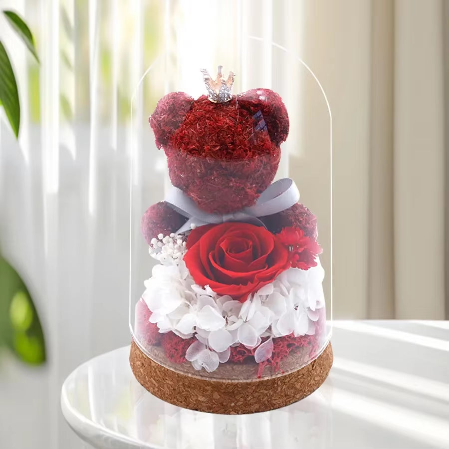 13X7.5Cm Moss Bear Eternal Rose Glass Cover Gift Fresh Preserved Roses Mother'S Day Valentine'S Day Creative Gift Home Decor