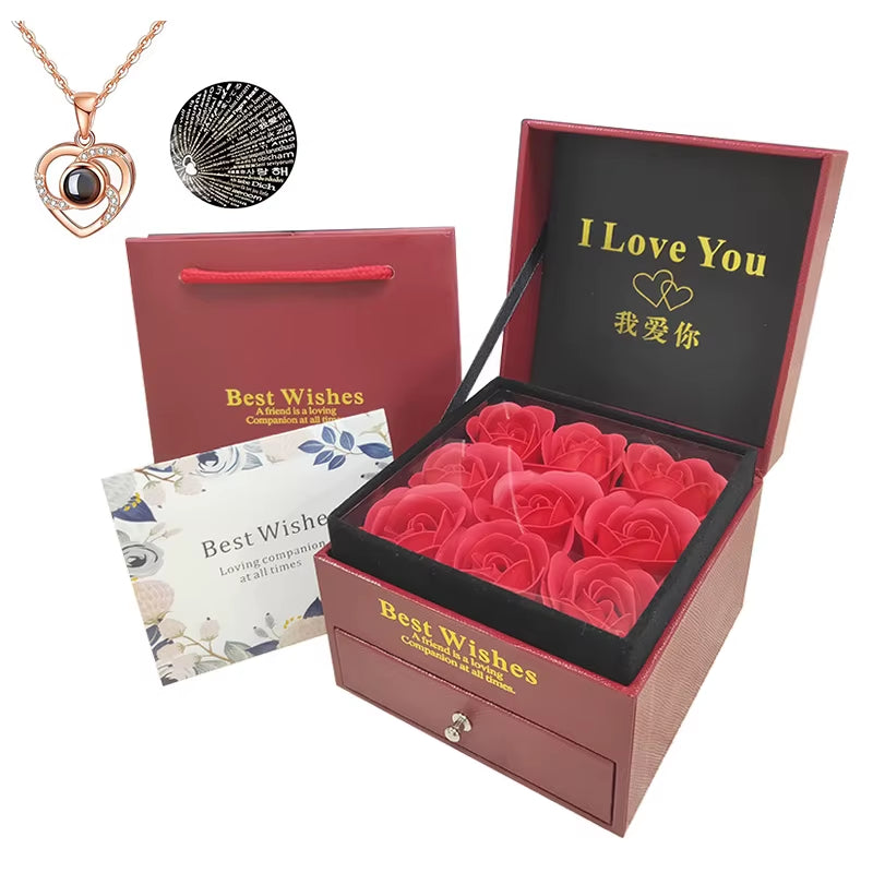 Preserved Real Rose with I Love You Necklace, 100 Languages Jewelry Gift Box, Handmade Eternal Flower for Wedding and Birthday