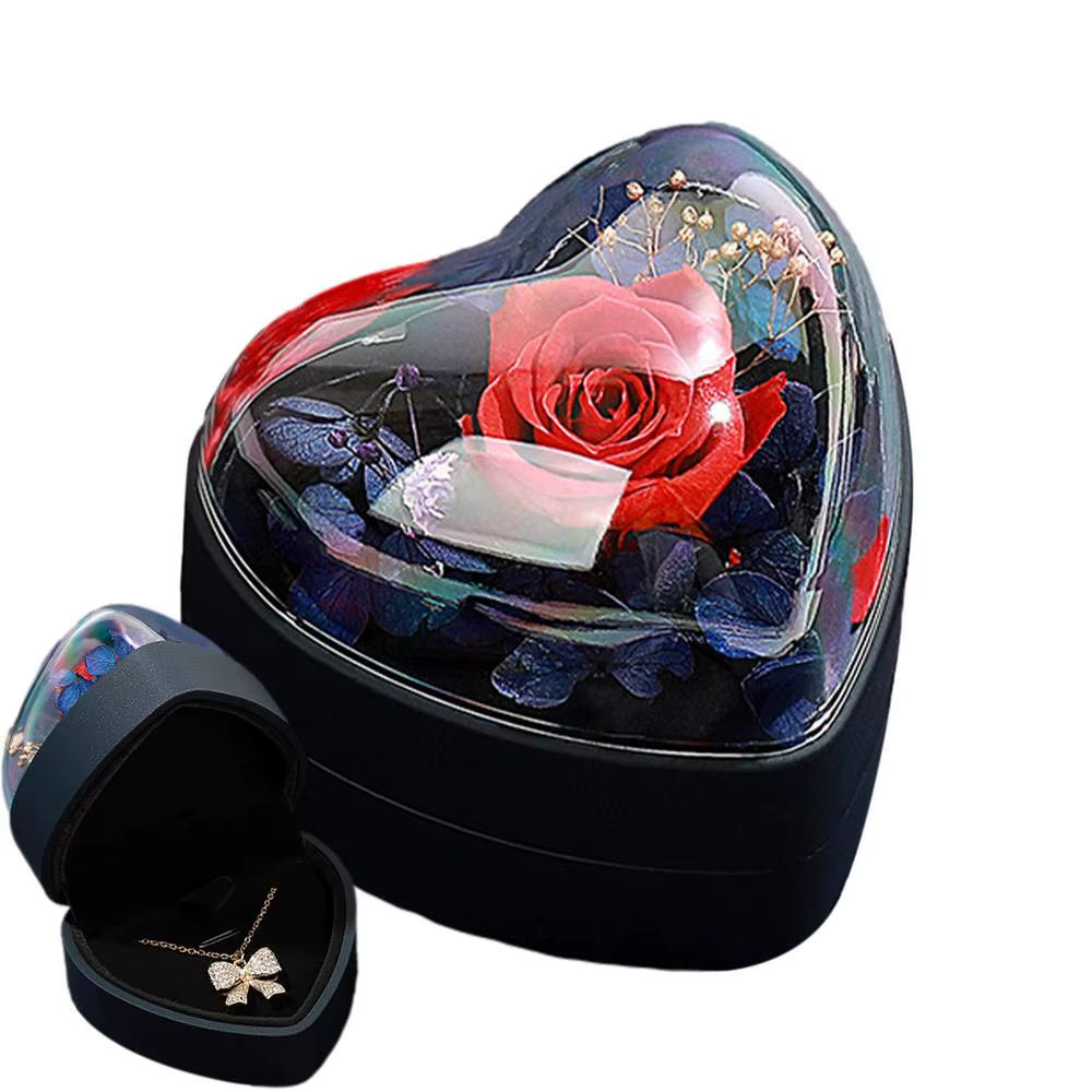 Preserved Rose Gift Box Heart-Shaped Decor Jewelry Box Romantic Preserved Flowers Rose Gift for Anniversary Christmas Day