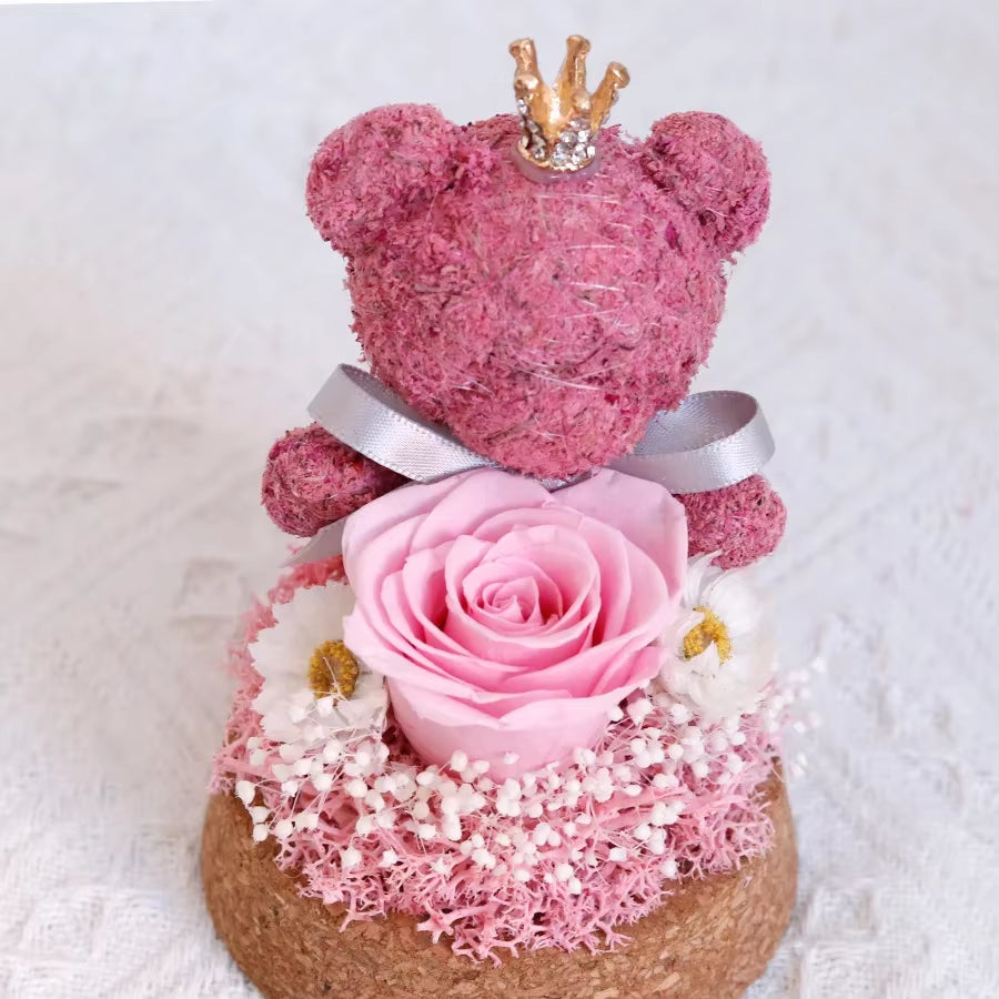 13X7.5Cm Moss Bear Eternal Rose Glass Cover Gift Fresh Preserved Roses Mother'S Day Valentine'S Day Creative Gift Home Decor