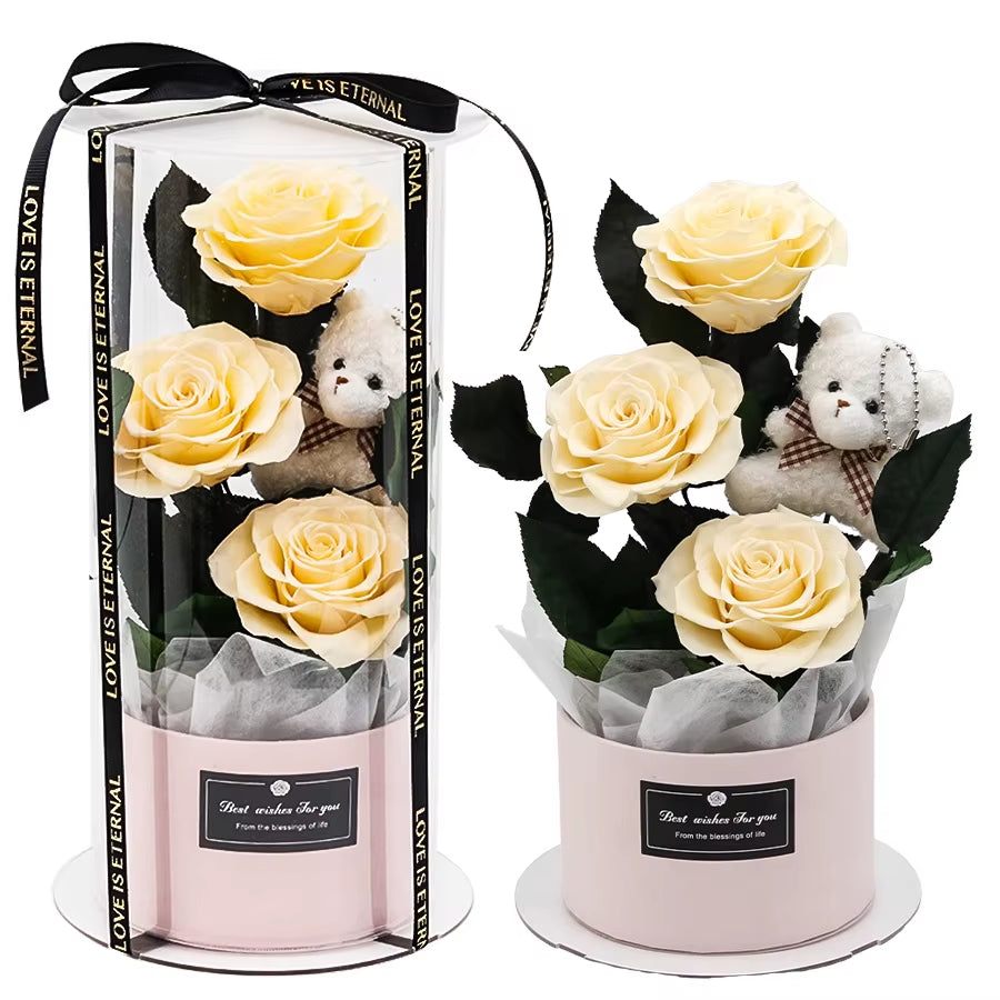 Little Bear True Flower Rose Protection Flower Valentine'S Day Gift Hug Bucket Gift Box Eternal Flower Rose round Bucket