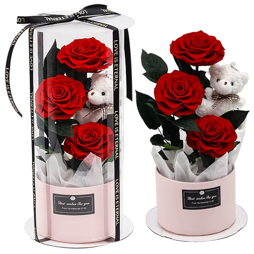 Little Bear True Flower Rose Protection Flower Valentine'S Day Gift Hug Bucket Gift Box Eternal Flower Rose round Bucket